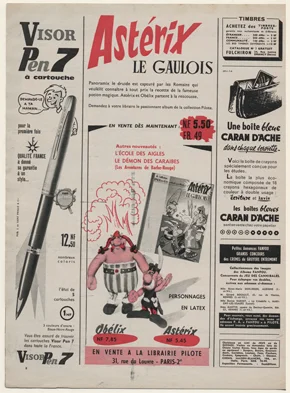 Page 8 de Pilote n° 106, avec une publicité pour Astérix le Gaulois et des figurines en latex d’Astérix et d’Obélix.